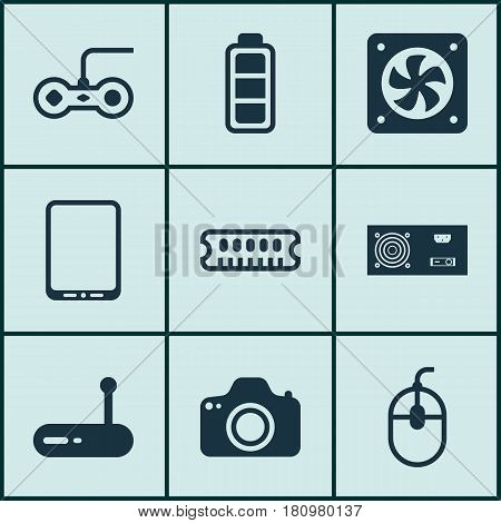Set Of 9 Computer Hardware Icons. Includes Router, Power Generator, Dynamic Memory And Other Symbols. Beautiful Design Elements.