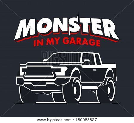 Monster truck garage logo. Modern off-road pickup vector illustration
