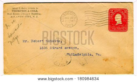 GOMEL, BELARUS - April 7, 2017: Old envelope which was dispatched from Atlantic City to Philadelphia,USA, December 30, 1903. 