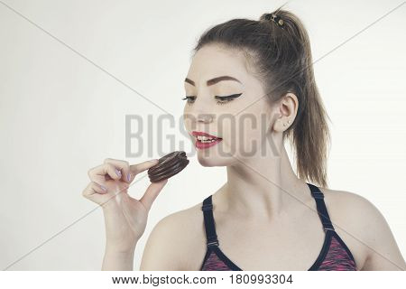 Woman Sport Eat Chocolatte Isolated Photo Portrait