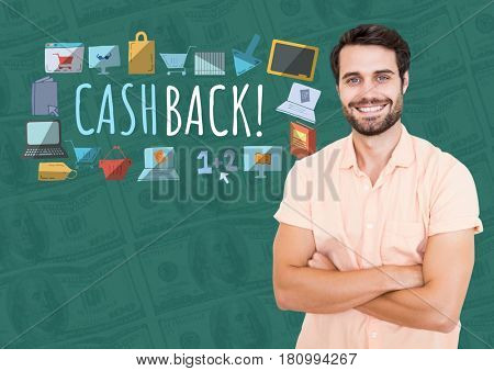 Digital composite of Smiling man with arms folded and Cashback text with drawings graphics