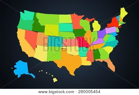 United States Of America Colorful Map On Dark Background. Usa Vector Illustration. Funny Color Terri