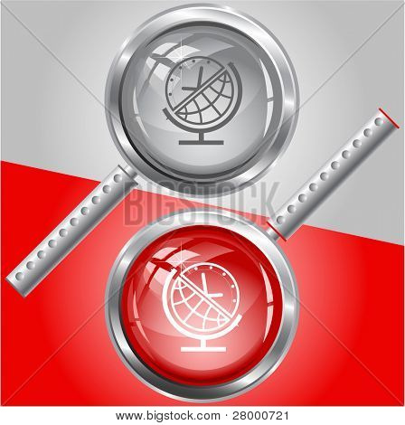 Globe et horloge. Loupe de vecteur.