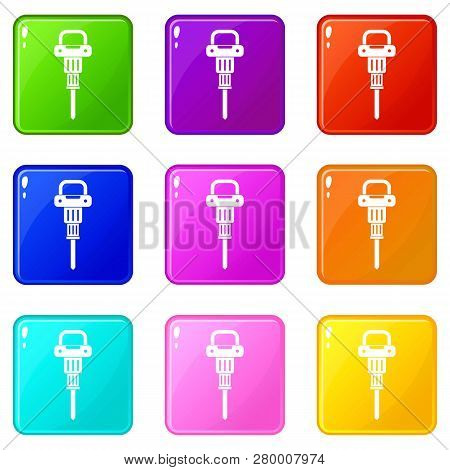 Pneumatic Hammer Icons Of 9 Color Set Isolated Illustration