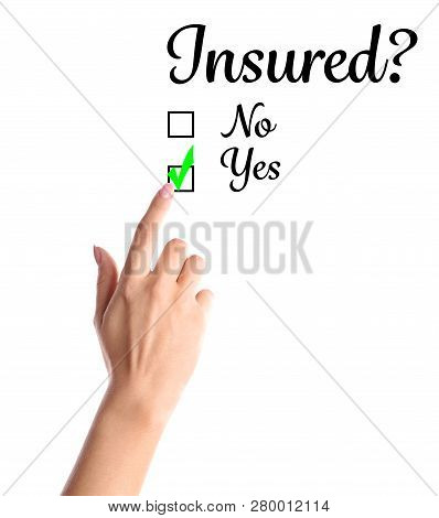 Young Woman Choosing Positive Answer To Question Whether Insured Or No On White Background