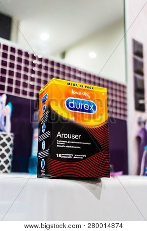 Poznan, Poland - December 19, 2018: Durex Arouser Condoms In A Box Standing On A Sink Edge In A Bath