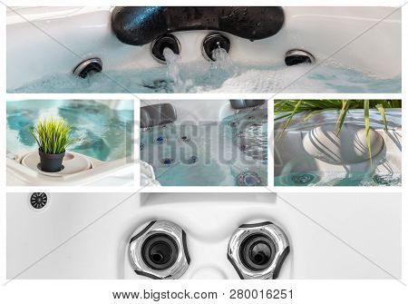 Collage Of Water And Equpment In Hot Bath Tubs At Spa