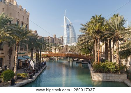 Dubai, Uae - January, 6, 2019: Madinat Jumeirah In Dubai And Burj Al Arab Jumeirah