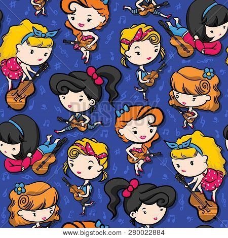 Rockabilly Girl Band Playing Guitar On Purple