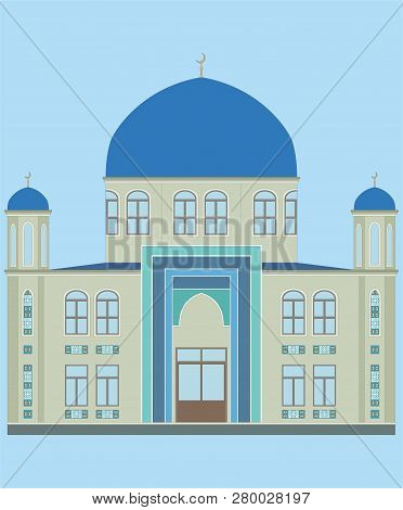 Islamic Vector Mosque With A Blue Dome. Double Decker. Many Windows. Soft Area. In The Moon Of Moon