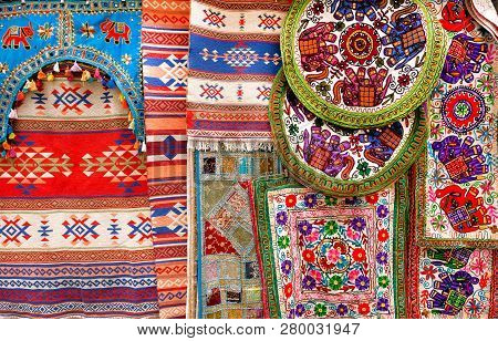 Ethnic Patterns And Traditional Colors On Old Style Cotton Handmade Blankets. Patterns On Texture Of
