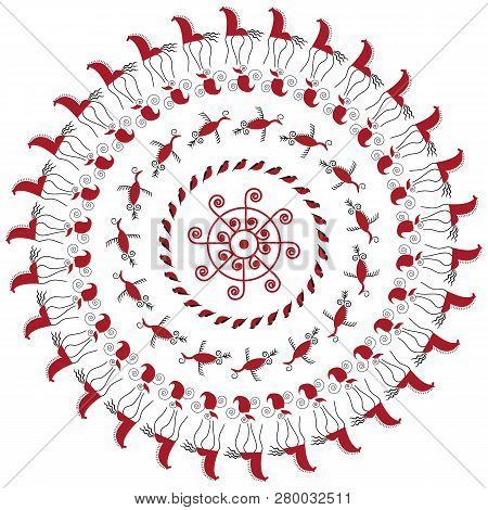 Set With Horses Vector Illustration Traditional Folk Art Of Northern Mezen Region Of Russia.