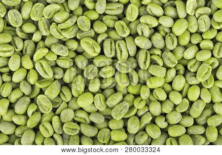 Green Coffee Beans Background. Medium Green Peaberry Coffee Beans.