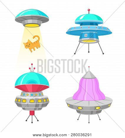 Alien Spaceships, Set Of Ufo Unidentified Flying Object, Fantastic Rockets, Cosmic Spacecrafts In Un