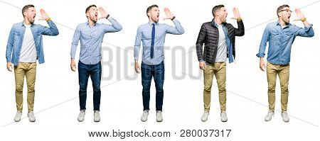 Collage of attractive young man over white isolated background shouting and screaming loud to side with hand on mouth. Communication concept.