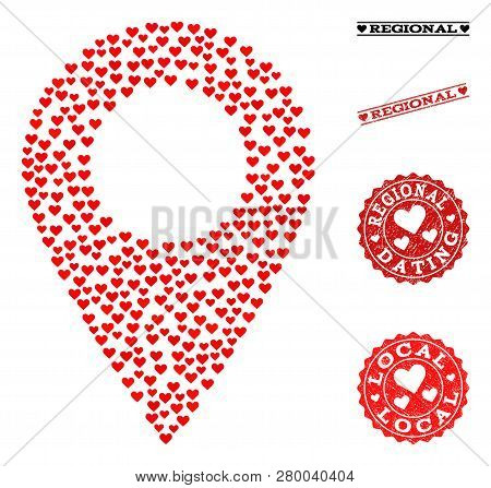 Mosaic Local Map Marker Composed With Red Love Hearts, And Rubber Watermarks For Valentines Day. Vec