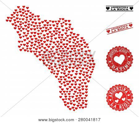 Mosaic Map Of Argentina - La Rioja Composed With Red Love Hearts, And Rubber Watermarks For Dating. 