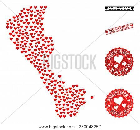 Mosaic Map Of Boracay Island Created With Red Love Hearts, And Rubber Stamp Seals For Valentines Day