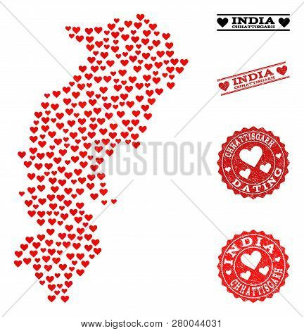 Collage Map Of Chhattisgarh State Formed With Red Love Hearts, And Rubber Stamp Seals For Dating. Ve