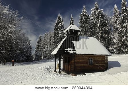 Wooden Chapel In A Popular Ski And Cross-country Ski Resort Paprsek In The Golden Mountains (czech: 