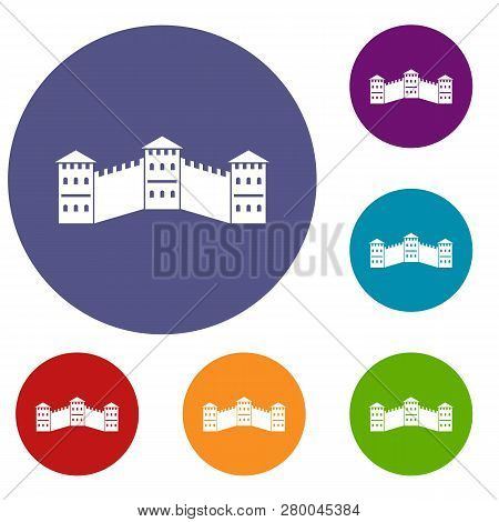 Great Wall Of China Icons Set In Flat Circle Red, Blue And Green Color For Web