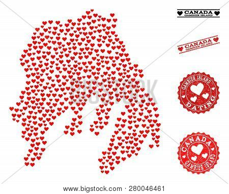 Mosaic Map Of Gambier Island Designed With Red Love Hearts, And Grunge Watermarks For Dating. Vector