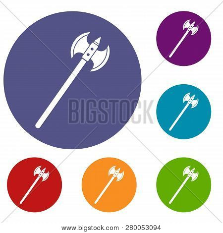 Poleaxe Icons Set In Flat Circle Red, Blue And Green Color For Web