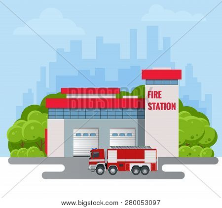 Modern Fire Station Building Vector Illustration. Fire Department.