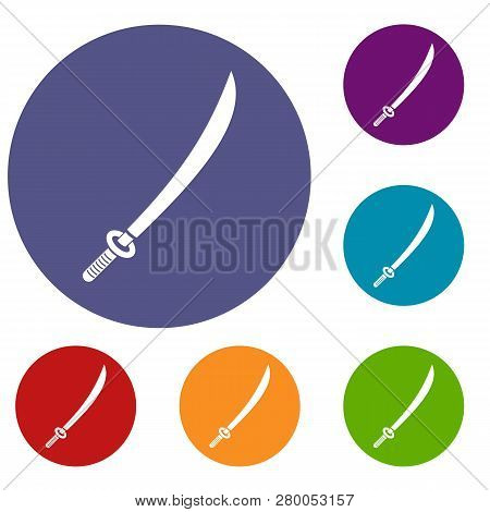 Katana Icons Set In Flat Circle Red, Blue And Green Color For Web
