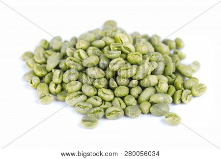 Green Coffee Beans, Isolated On White Background. Medium Green Peaberry Coffee Beans.