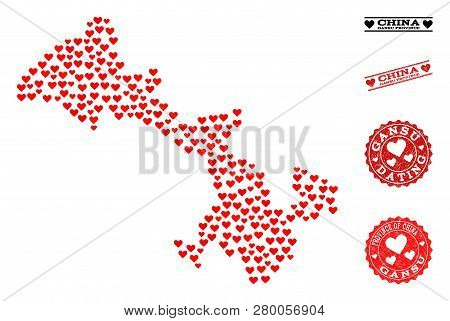 Mosaic Map Of Gansu Province Designed With Red Love Hearts, And Rubber Stamp Seals For Dating. Vecto