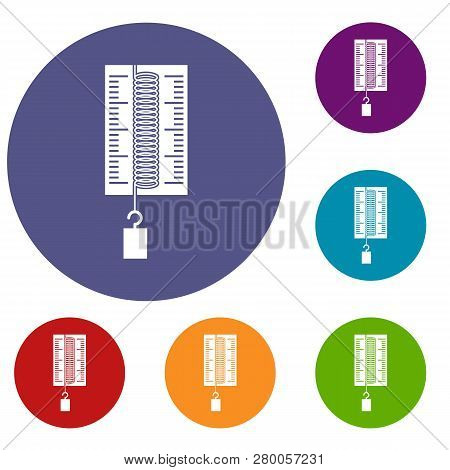 Physics Dynamometer For Laboratory Work Icons Set In Flat Circle Red, Blue And Green Color For Web