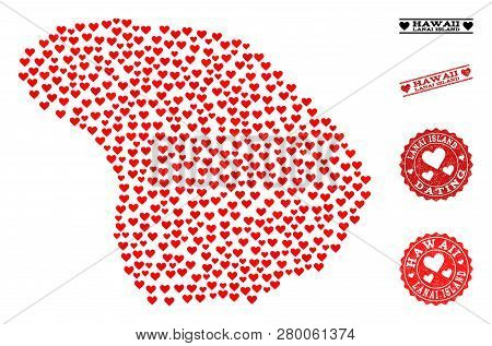 Mosaic Map Of Lanai Island Created With Red Love Hearts, And Rubber Watermarks For Valentines Day. V