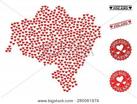 Mosaic Map Of Lower Silesia Province Created With Red Love Hearts, And Rubber Stamp Seals For Dating