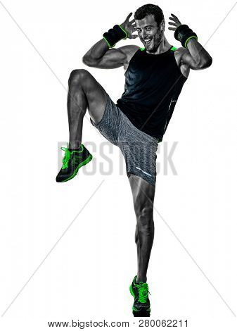 one caucasian fitness man exercising cardio boxing exercises in studio  isolated on white background