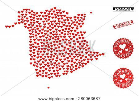 Mosaic Map Of New Brunswick Province Created With Red Love Hearts, And Rubber Stamp Seals For Dating