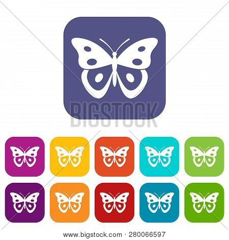 Butterfly Pierid Icons Set Illustration In Flat Style In Colors Red, Blue, Green, And Other
