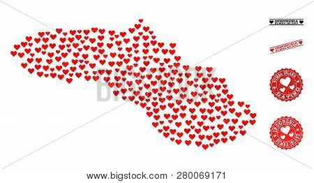 Collage Map Of Sumba Island Designed With Red Love Hearts, And Grunge Stamp Seals For Dating. Vector