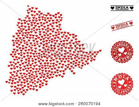 Collage Map Of Telangana State Formed With Red Love Hearts, And Rubber Stamp Seals For Dating. Vecto