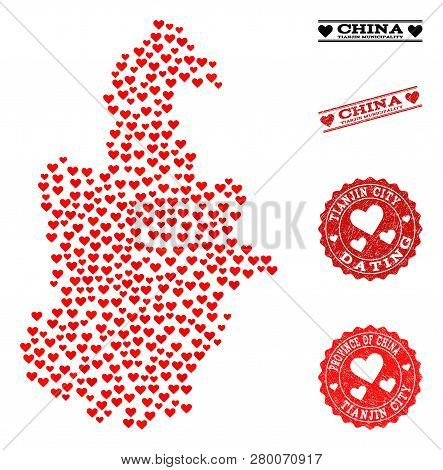Mosaic Map Of Tianjin Municipality Created With Red Love Hearts, And Grunge Watermarks For Dating. V