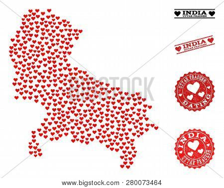 Mosaic Map Of Uttar Pradesh State Designed With Red Love Hearts, And Rubber Watermarks For Valentine