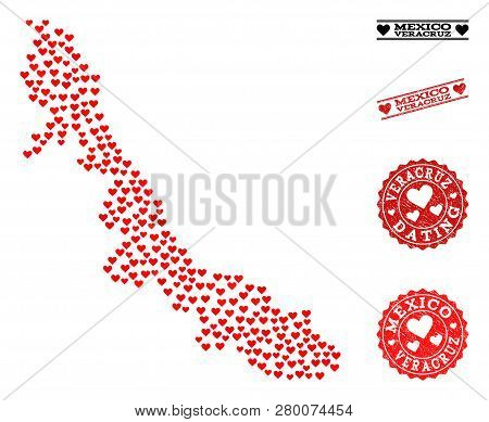 Collage Map Of Veracruz State Composed With Red Love Hearts, And Rubber Watermarks For Dating. Vecto