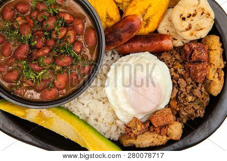 Traditional Colombian Dish Called Banda Paisa: A Plate Typical Of Medellin That Includes Meat, Beans
