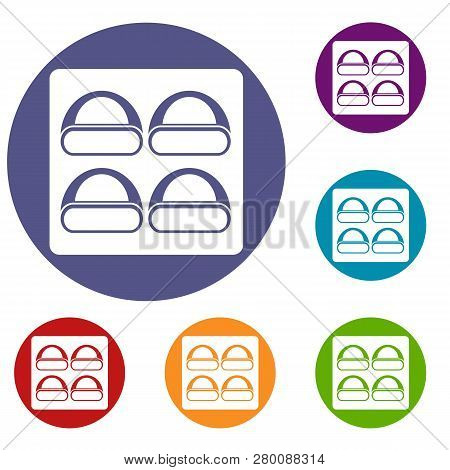 Different Sushi Icons Set In Flat Circle Red, Blue And Green Color For Web