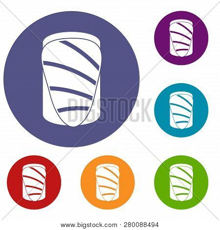 Salmon Icons Set In Flat Circle Red, Blue And Green Color For Web