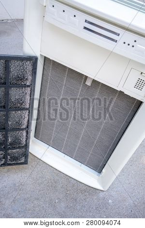 Closed Up Dirty High Performance Hepa Filter Of Air Purifier.