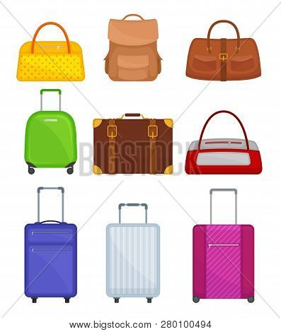 Flat Vector Set Of Various Bags. Travel Suitcases On Wheels, Women Handbag, Backpack, Duffel Bag. Tr