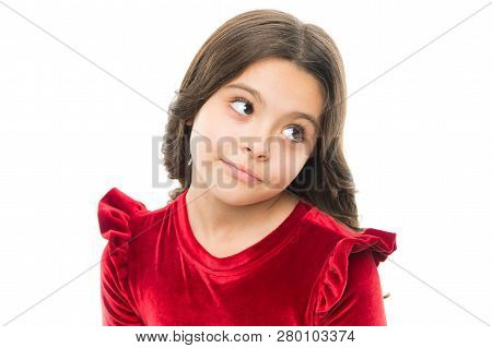 Maybe Concept. Kid Thoughtful Dreamy Face Make Decision. Child Cute Thinking. Girl Casual Look Make 