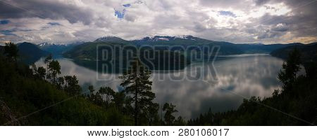 Landscape Panoramic View To Innvikfjorden, Innvik And Utvik Village In Norway