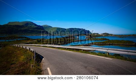Landscape Panoramic View To Fredvang Bridge, Torvoya And Buoya Islands And Hovdanvika Bay At Lofoten